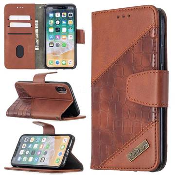 BinfenColor BF04 Color Block Stitching Crocodile Leather Case Cover for iPhone XS / iPhone X(5.8 inch) - Brown