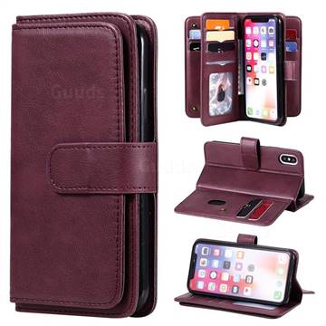 Multi-function Ten Card Slots and Photo Frame PU Leather Wallet Phone Case Cover for iPhone XS / iPhone X(5.8 inch) - Claret