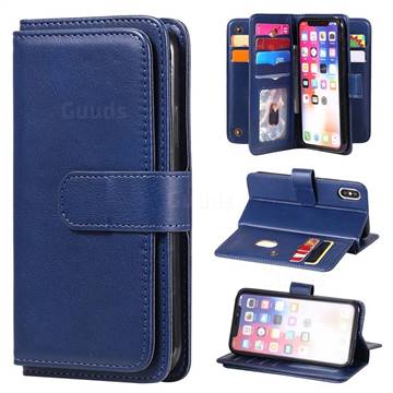 Multi-function Ten Card Slots and Photo Frame PU Leather Wallet Phone Case Cover for iPhone XS / iPhone X(5.8 inch) - Dark Blue