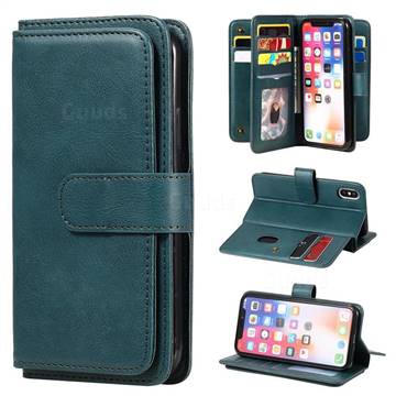 Multi-function Ten Card Slots and Photo Frame PU Leather Wallet Phone Case Cover for iPhone XS / iPhone X(5.8 inch) - Dark Green