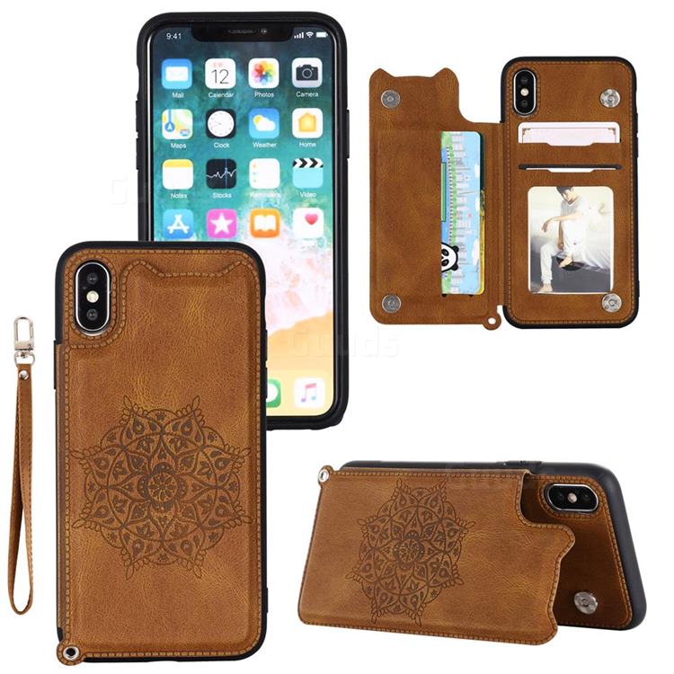 Luxury Mandala Multi-function Magnetic Card Slots Stand Leather Back Cover for iPhone XS / iPhone X(5.8 inch) - Brown