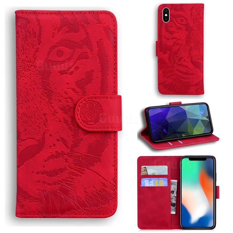 Intricate Embossing Tiger Face Leather Wallet Case for iPhone XS / iPhone X(5.8 inch) - Red