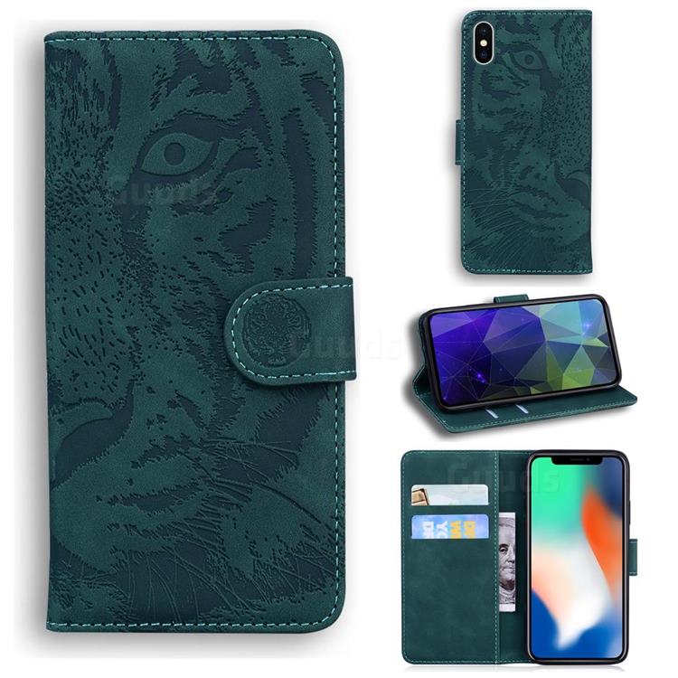 Intricate Embossing Tiger Face Leather Wallet Case for iPhone XS / iPhone X(5.8 inch) - Green