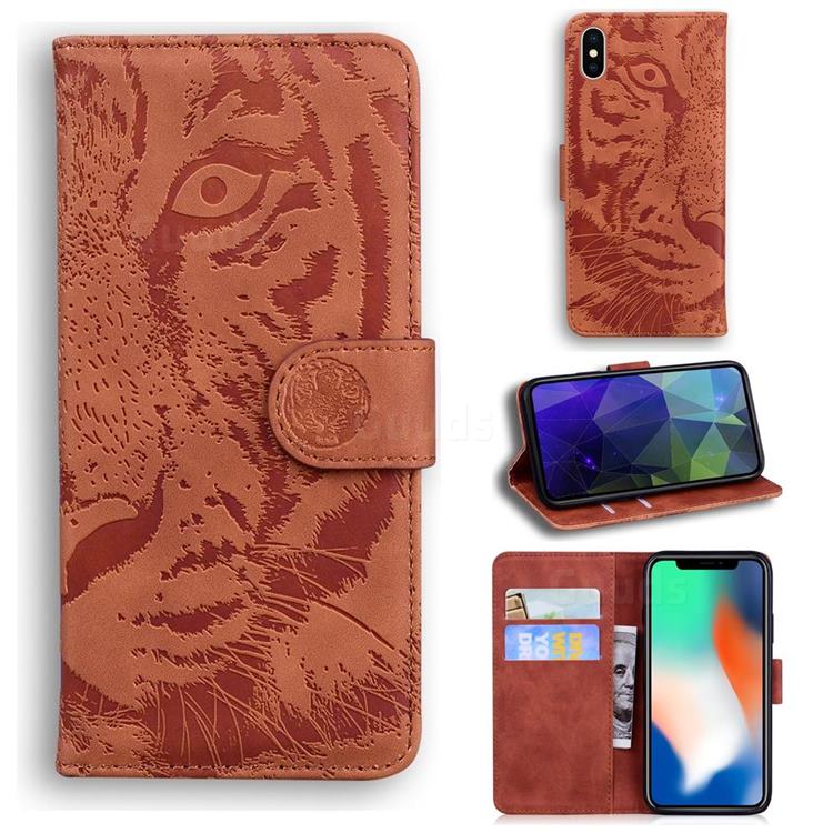 Intricate Embossing Tiger Face Leather Wallet Case for iPhone XS / iPhone X(5.8 inch) - Brown