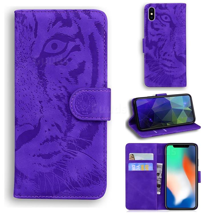 Intricate Embossing Tiger Face Leather Wallet Case for iPhone XS / iPhone X(5.8 inch) - Purple