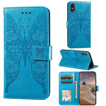 Intricate Embossing Rose Flower Butterfly Leather Wallet Case for iPhone XS / iPhone X(5.8 inch) - Blue
