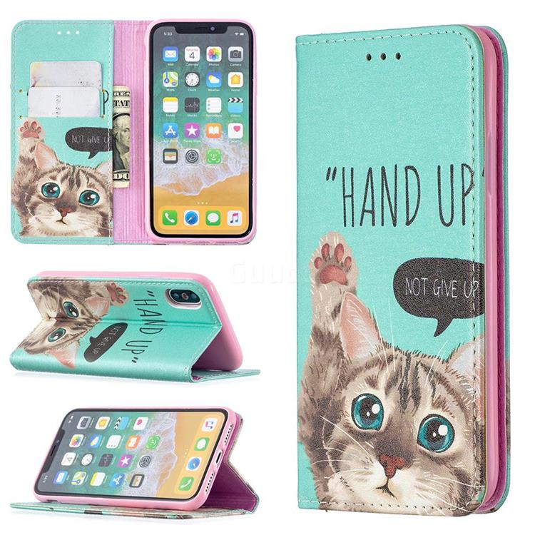Hand Up Cat Slim Magnetic Attraction Wallet Flip Cover for iPhone XS / iPhone X(5.8 inch)