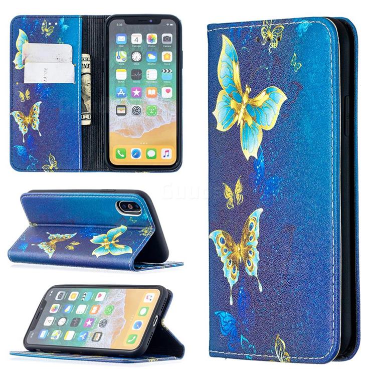 Gold Butterfly Slim Magnetic Attraction Wallet Flip Cover for iPhone XS / iPhone X(5.8 inch)