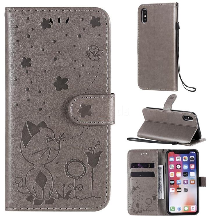 Embossing Bee and Cat Leather Wallet Case for iPhone XS / iPhone X(5.8 inch) - Gray
