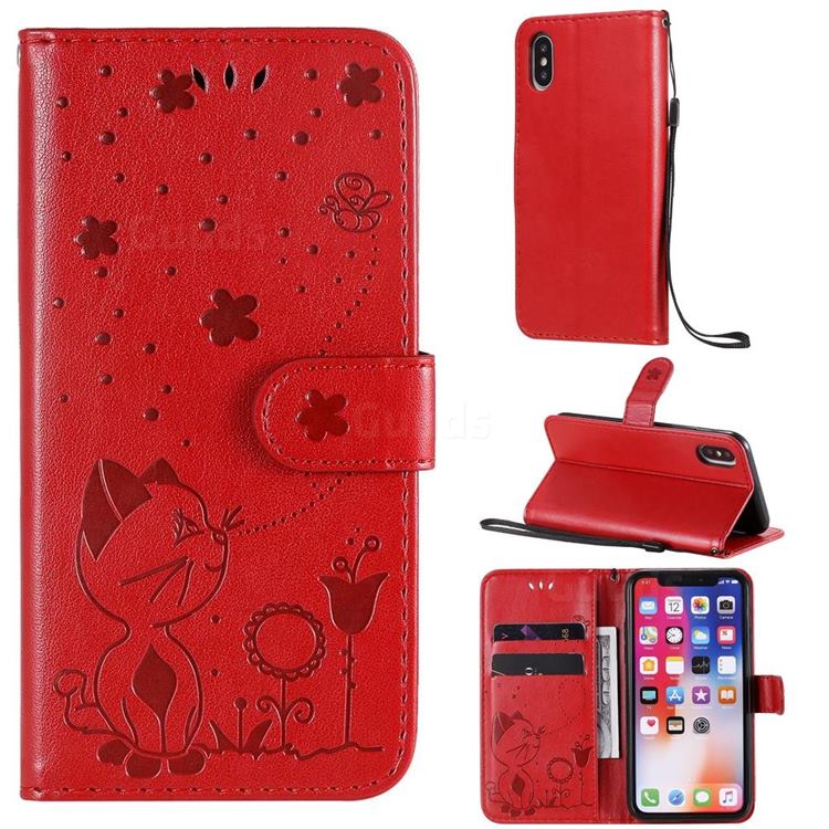 Embossing Bee and Cat Leather Wallet Case for iPhone XS / iPhone X(5.8 inch) - Red