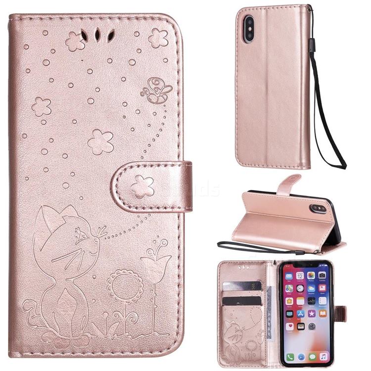 Embossing Bee and Cat Leather Wallet Case for iPhone XS / iPhone X(5.8 inch) - Rose Gold