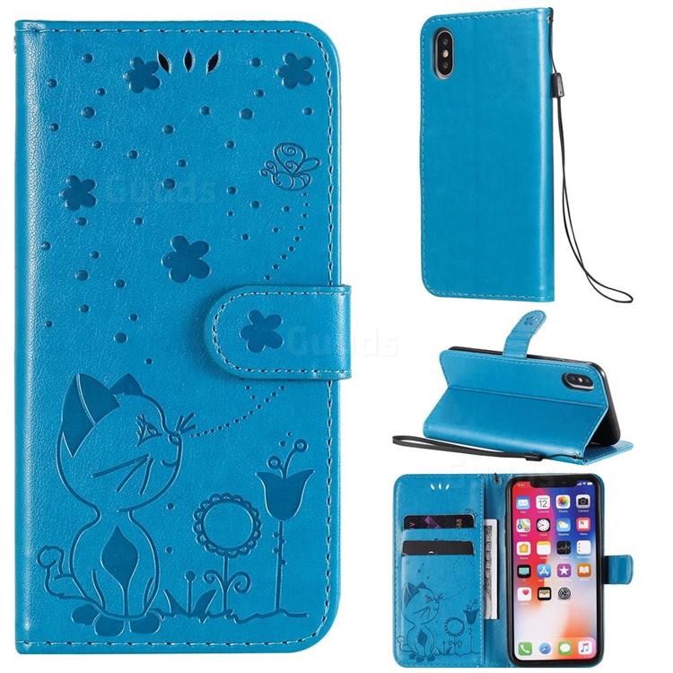Embossing Bee and Cat Leather Wallet Case for iPhone XS / iPhone X(5.8 inch) - Blue