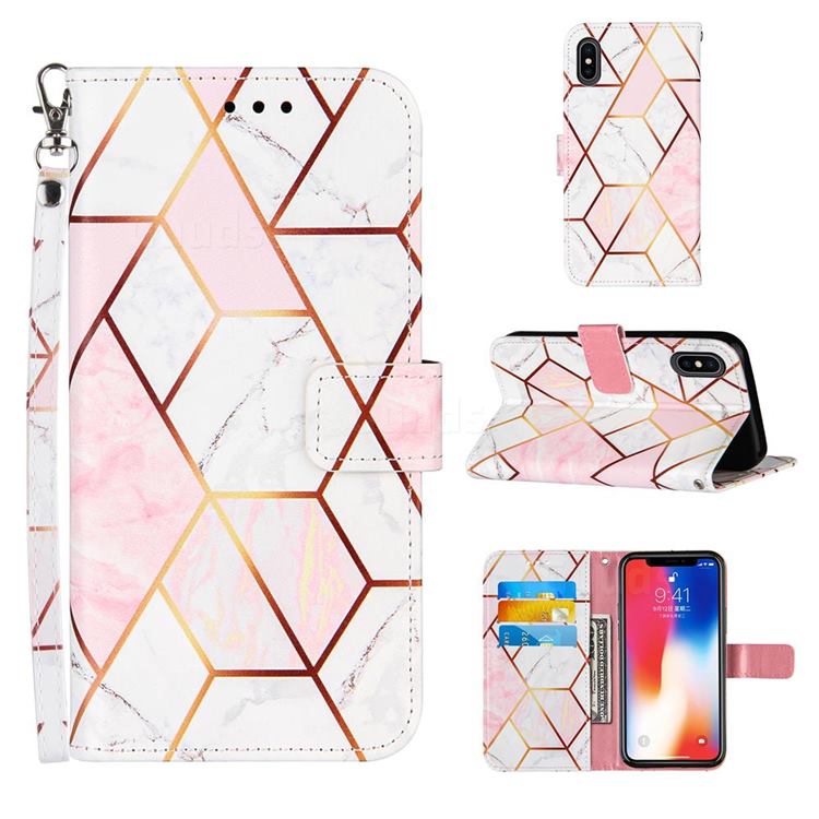 Pink White Stitching Color Marble Leather Wallet Case for iPhone XS / iPhone X(5.8 inch)