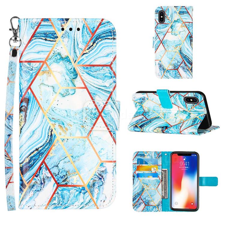 Lake Blue Stitching Color Marble Leather Wallet Case for iPhone XS / iPhone X(5.8 inch)