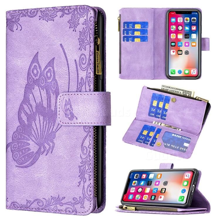 Binfen Color Imprint Vivid Butterfly Buckle Zipper Multi-function Leather Phone Wallet for iPhone XS / iPhone X(5.8 inch) - Purple