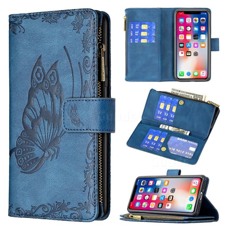 Binfen Color Imprint Vivid Butterfly Buckle Zipper Multi-function Leather Phone Wallet for iPhone XS / iPhone X(5.8 inch) - Blue