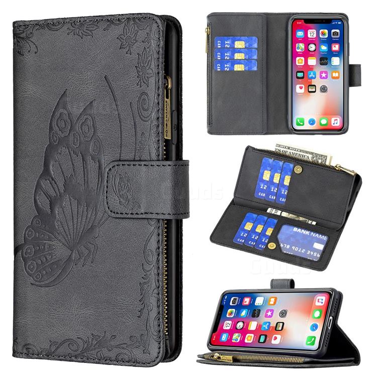 Binfen Color Imprint Vivid Butterfly Buckle Zipper Multi-function Leather Phone Wallet for iPhone XS / iPhone X(5.8 inch) - Black