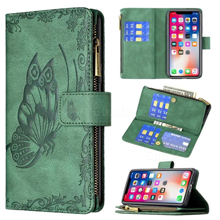 Binfen Color Imprint Vivid Butterfly Buckle Zipper Multi-function Leather Phone Wallet for iPhone XS / iPhone X(5.8 inch) - Green