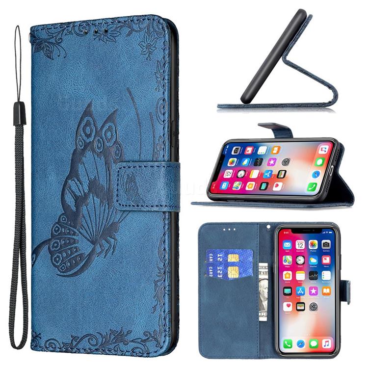 Binfen Color Imprint Vivid Butterfly Leather Wallet Case for iPhone XS / iPhone X(5.8 inch) - Blue