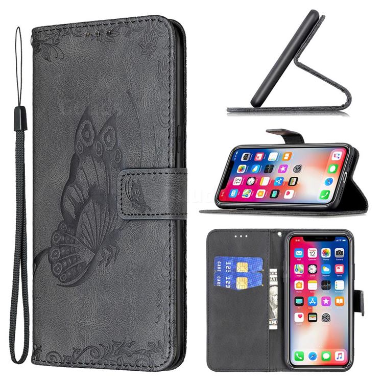 Binfen Color Imprint Vivid Butterfly Leather Wallet Case for iPhone XS / iPhone X(5.8 inch) - Black