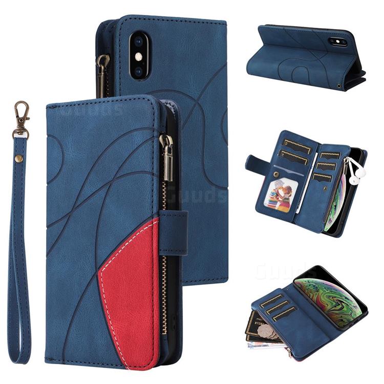 Luxury Two-color Stitching Multi-function Zipper Leather Wallet Case Cover for iPhone XS / iPhone X(5.8 inch) - Blue