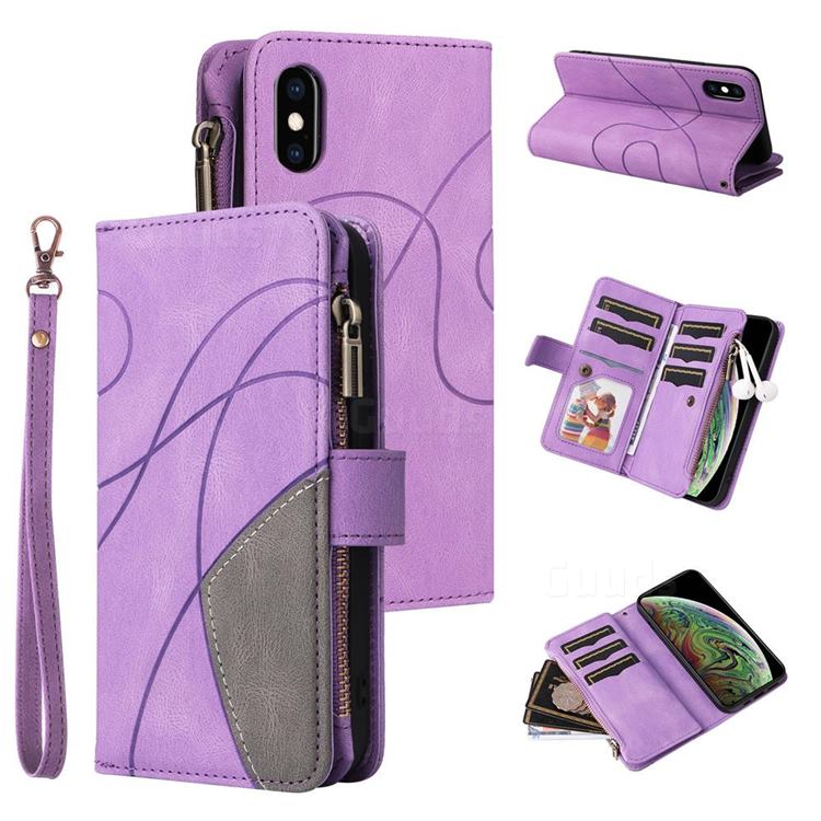 Luxury Two-color Stitching Multi-function Zipper Leather Wallet Case Cover for iPhone XS / iPhone X(5.8 inch) - Purple