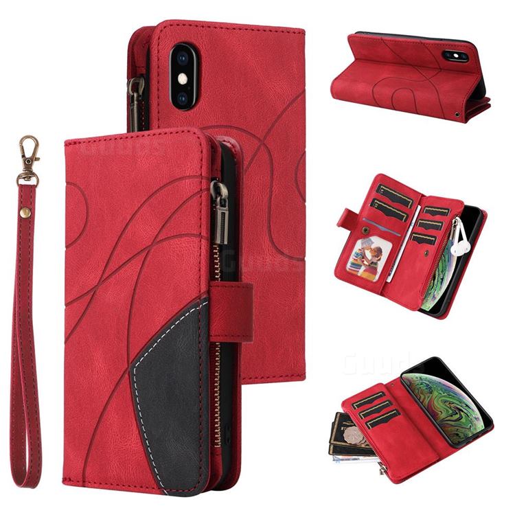 Luxury Two-color Stitching Multi-function Zipper Leather Wallet Case Cover for iPhone XS / iPhone X(5.8 inch) - Red