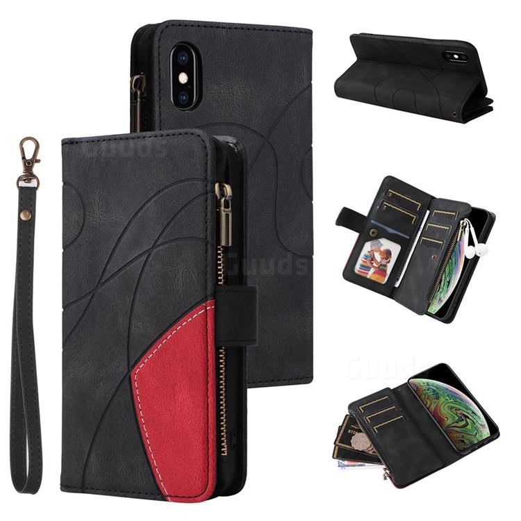 Luxury Two-color Stitching Multi-function Zipper Leather Wallet Case Cover for iPhone XS / iPhone X(5.8 inch) - Black