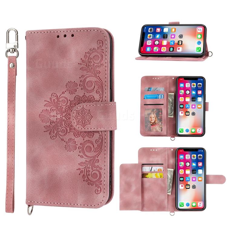 Skin Feel Embossed Lace Flower Multiple Card Slots Leather Wallet Phone Case for iPhone XS / iPhone X(5.8 inch) - Pink