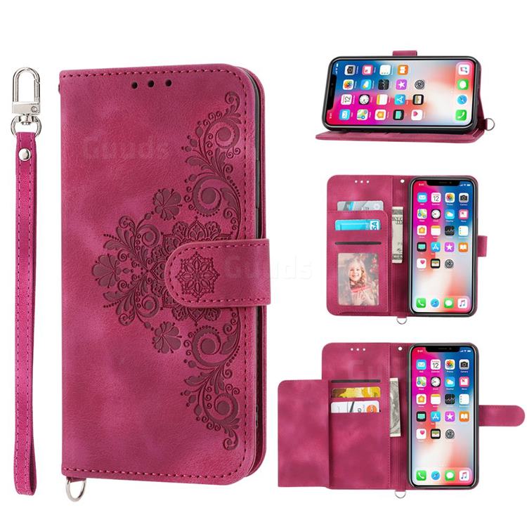 Skin Feel Embossed Lace Flower Multiple Card Slots Leather Wallet Phone Case for iPhone XS / iPhone X(5.8 inch) - Claret Red