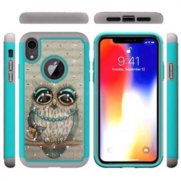 Sweet Gray Owl Studded Rhinestone Bling Diamond Shock Absorbing Hybrid Defender Rugged Phone Case Cover for iPhone Xr (6.1 inch)