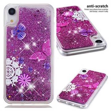Purple Flower Butterfly Dynamic Liquid Glitter Quicksand Soft TPU Case for iPhone Xr (6.1 inch)