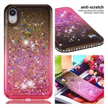 Diamond Frame Liquid Glitter Quicksand Sequins Phone Case for iPhone Xr (6.1 inch) - Gray Pink