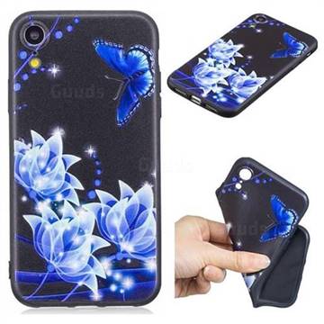 Blue Butterfly 3D Embossed Relief Black TPU Cell Phone Back Cover for iPhone Xr (6.1 inch)