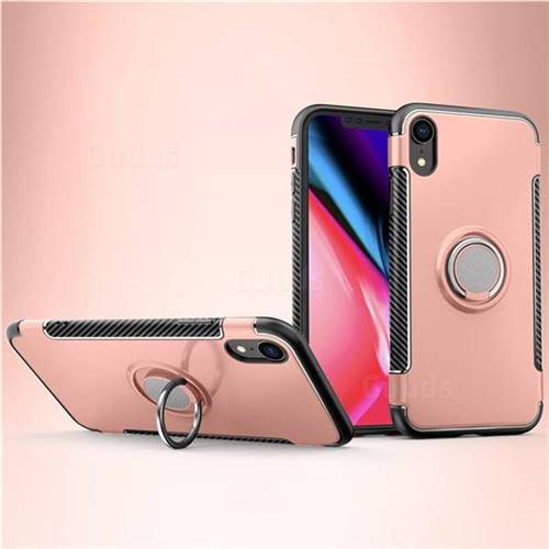 Armor Anti Drop Carbon PC + Silicon Invisible Ring Holder Phone Case for iPhone Xr (6.1 inch) - Rose Gold
