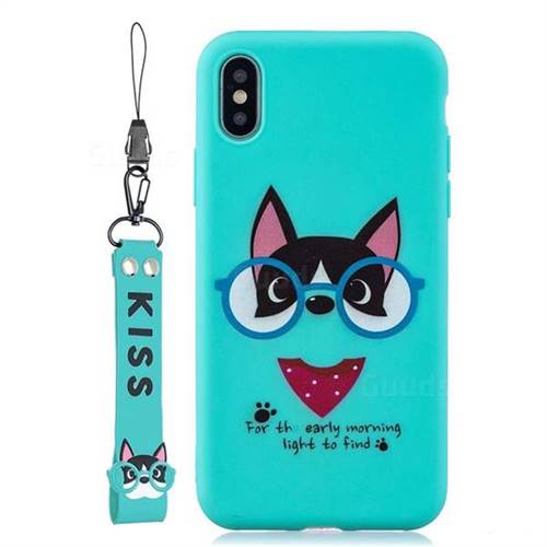 Green Glasses Dog Soft Kiss Candy Hand Strap Silicone Case for iPhone Xr (6.1 inch)