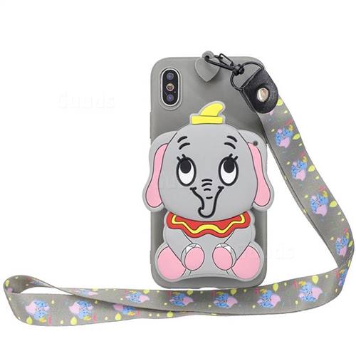 Gray Elephant Neck Lanyard Zipper Wallet Silicone Case for iPhone Xr (6.1 inch)