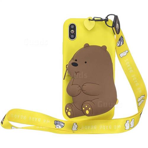 Yellow Bear Neck Lanyard Zipper Wallet Silicone Case for iPhone Xr (6.1 inch)