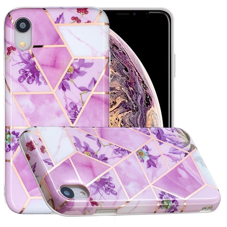 Purple Flower Painted Marble Electroplating Protective Case for iPhone Xr (6.1 inch)