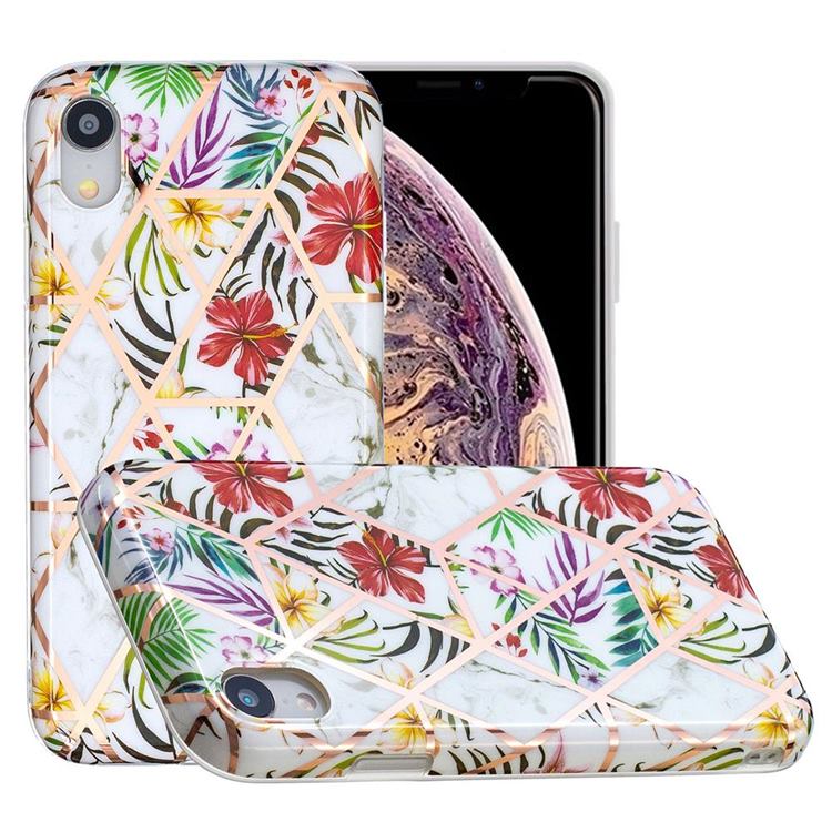 Tropical Rainforest Flower Painted Marble Electroplating Protective Case for iPhone Xr (6.1 inch)