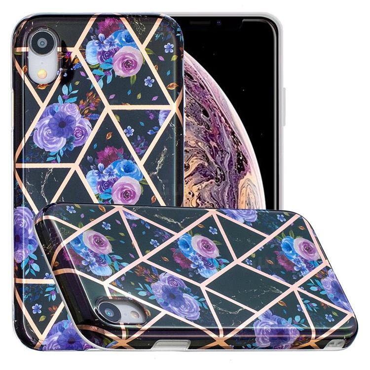 Black Flower Painted Marble Electroplating Protective Case for iPhone Xr (6.1 inch)