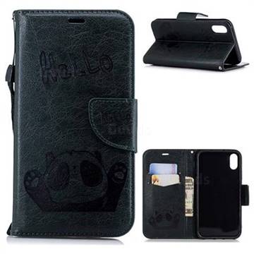 Embossing Hello Panda Leather Wallet Phone Case for iPhone Xr (6.1 inch) - Seagreen