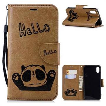 Embossing Hello Panda Leather Wallet Phone Case for iPhone Xr (6.1 inch) - Brown