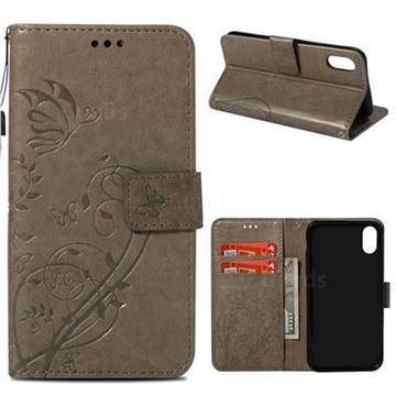 Embossing Butterfly Flower Leather Wallet Case for iPhone Xr (6.1 inch) - Grey