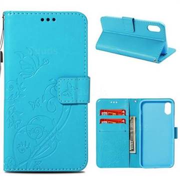 Embossing Butterfly Flower Leather Wallet Case for iPhone Xr (6.1 inch) - Blue