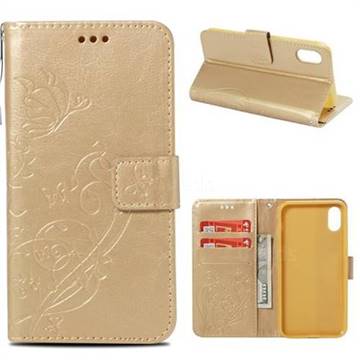 Embossing Butterfly Flower Leather Wallet Case for iPhone Xr (6.1 inch) - Champagne