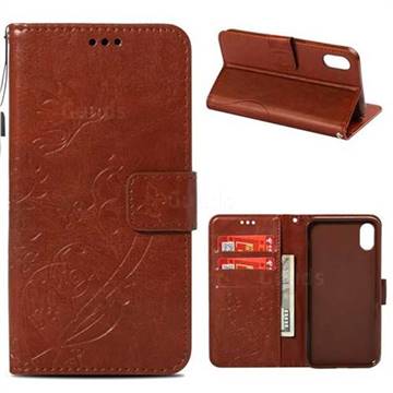 Embossing Butterfly Flower Leather Wallet Case for iPhone Xr (6.1 inch) - Brown