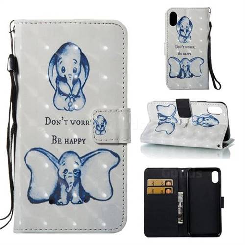 Be Happy Elephant 3D Painted Leather Wallet Case for iPhone Xr (6.1 inch)