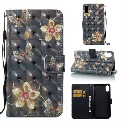 Golden Flower Butterfly 3D Painted Leather Wallet Case for iPhone Xr (6.1 inch)