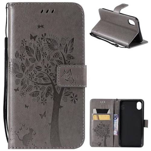 Embossing Butterfly Tree Leather Wallet Case for iPhone Xr (6.1 inch) - Grey